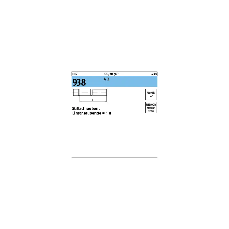 DIN 938 A 2 Stiftschrauben, Einschraubende = 1 d - Abmessung: M 8 x 40, VE mit 25 Stück Wochenendangebot